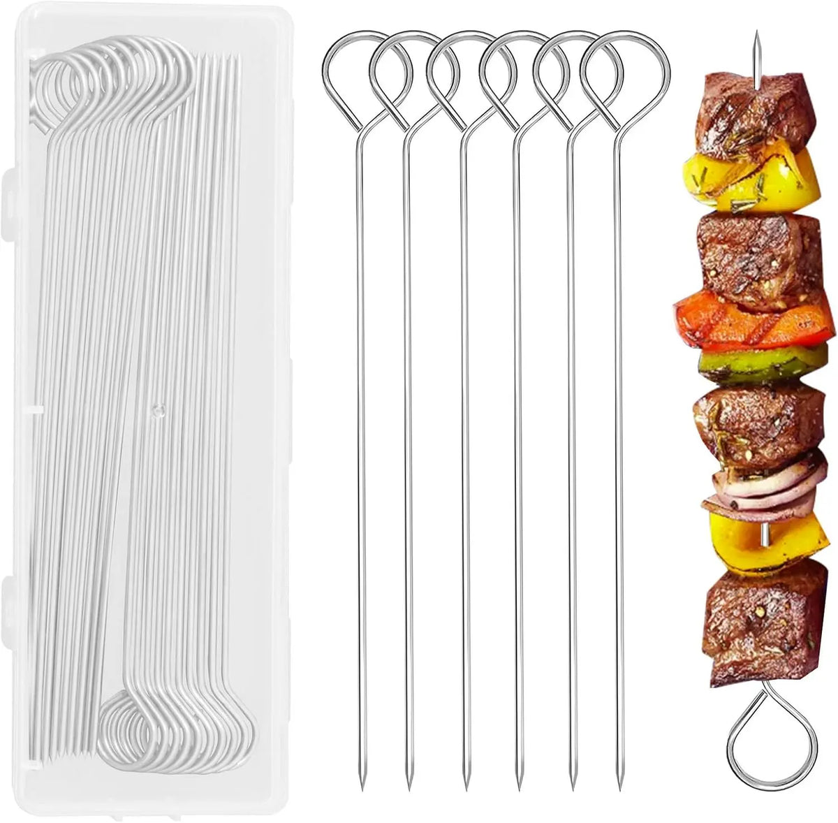 20 Pieces 8 Inch Stainless Steel BBQ Kabob Skewers with Storage Box - PEOUWNES Metal Kebob Sticks Reusable Grilling Skewers for Turkey, Shrimp, Fruit