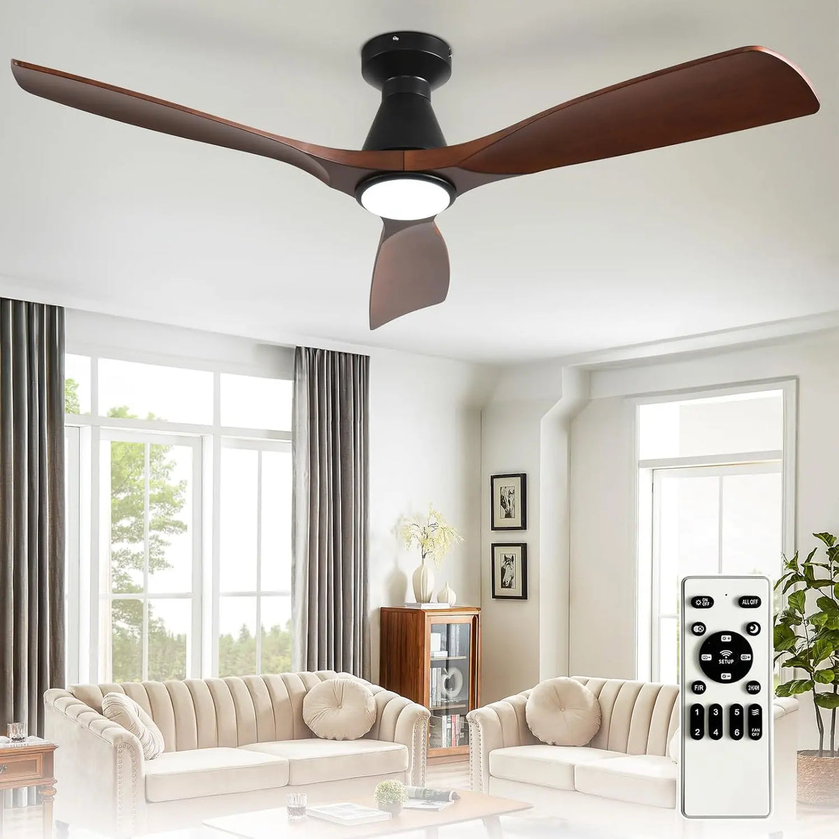 Depuley 52-Inch Ceiling Fans with Lights: Walnut 3 Blade Flush Mount Low Profile Ceiling Fan for Bedroom