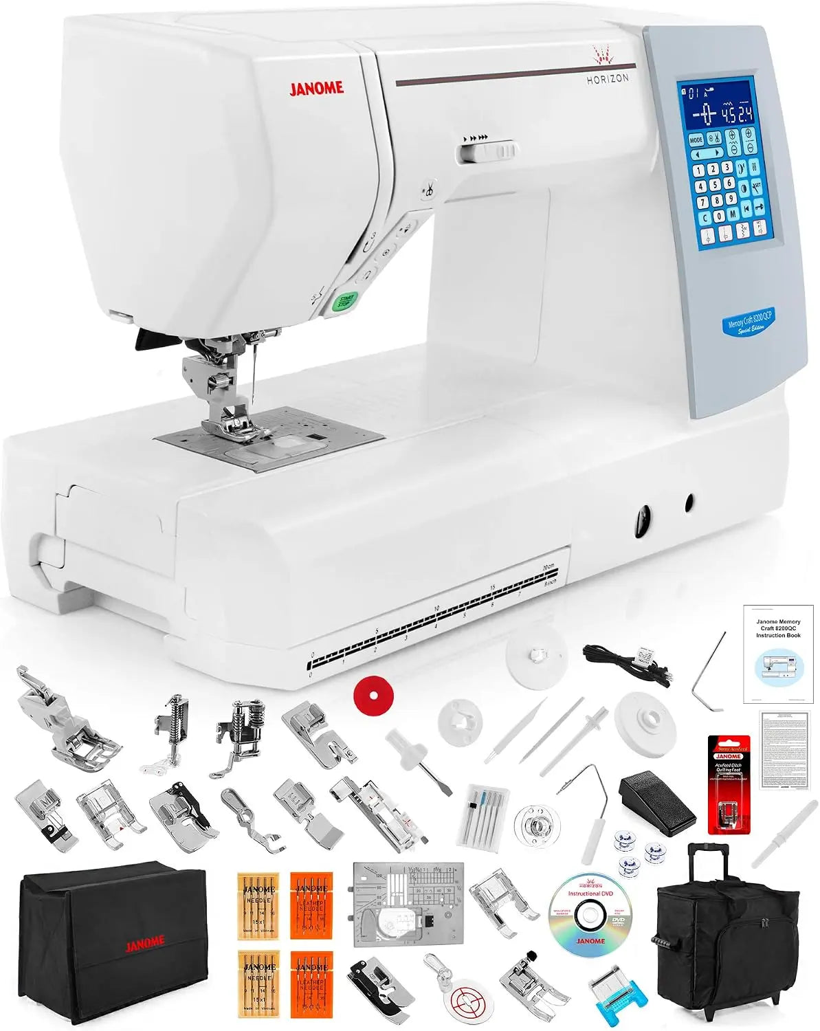 Janome Memory Craft Horizon - 8200 QCP Special Edition Computerized Sewing Machine w/Black Roller Accessory Trolley Case + Semi-Hard Cover + Much More