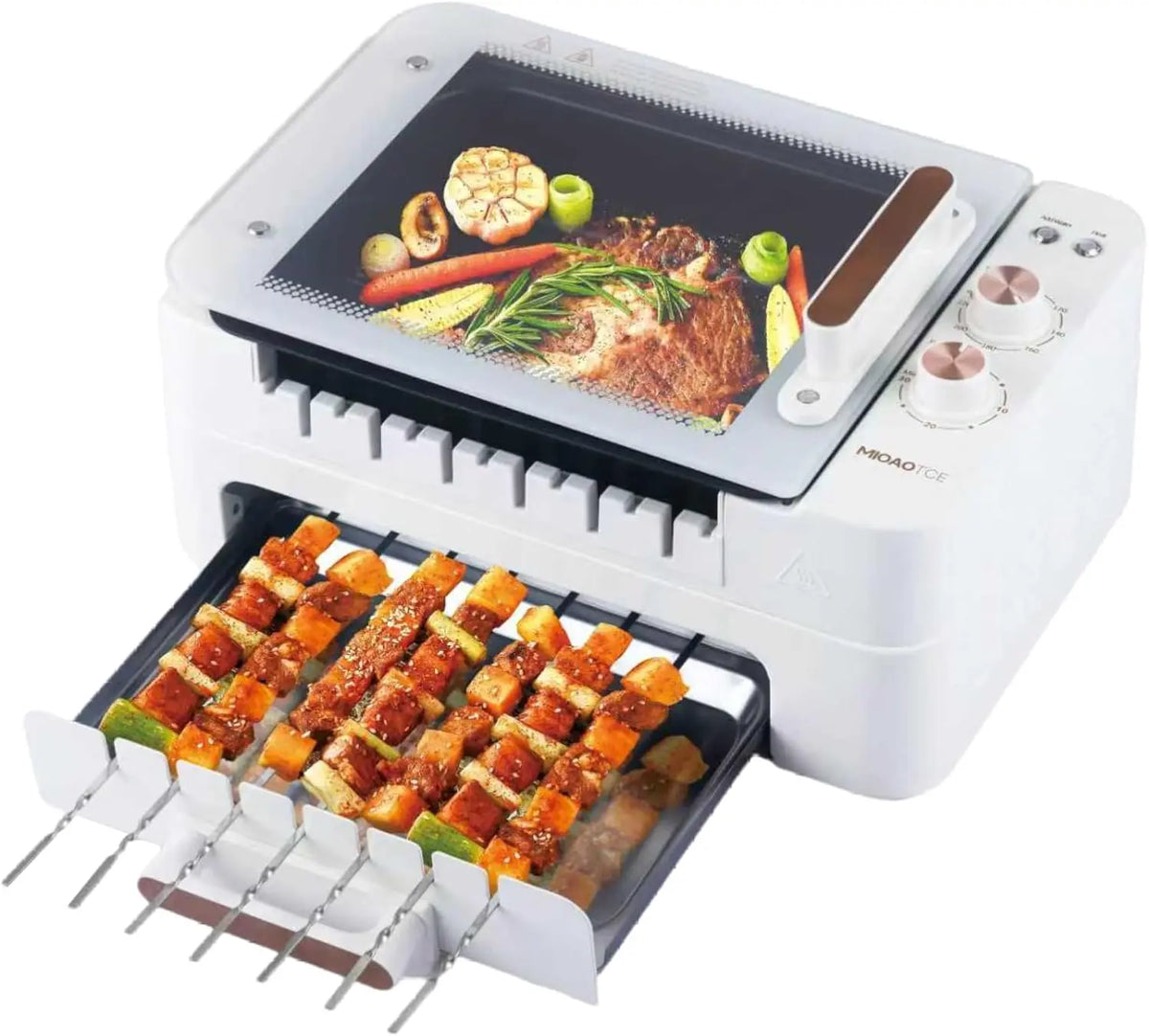 3-IN-1 Skewer Electric Indoor Grill - 1000W Electric Grill with 360° Auto-Rotating, Smokeless Indoor Grill with 3 Cooking Modes