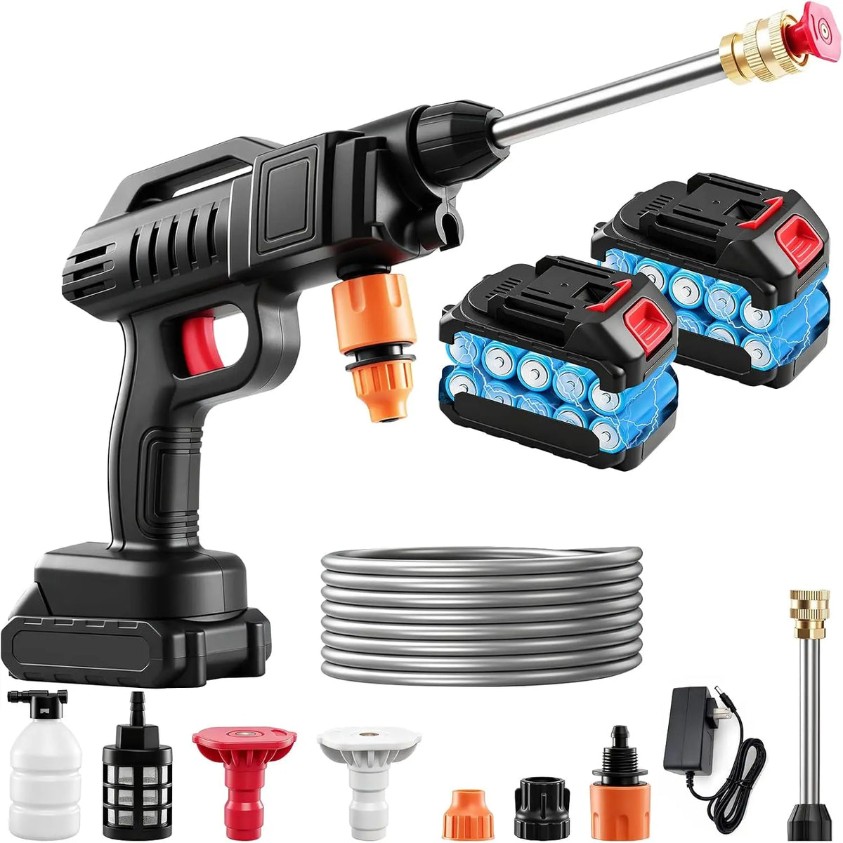 21V Cordless Pressure Washer with 2 * 2Ah Battery - 1500W Portable Pressure Washer, High Jet Washer Kit with 2 Nozzles, 0°, 40°, 16.4FT Hose