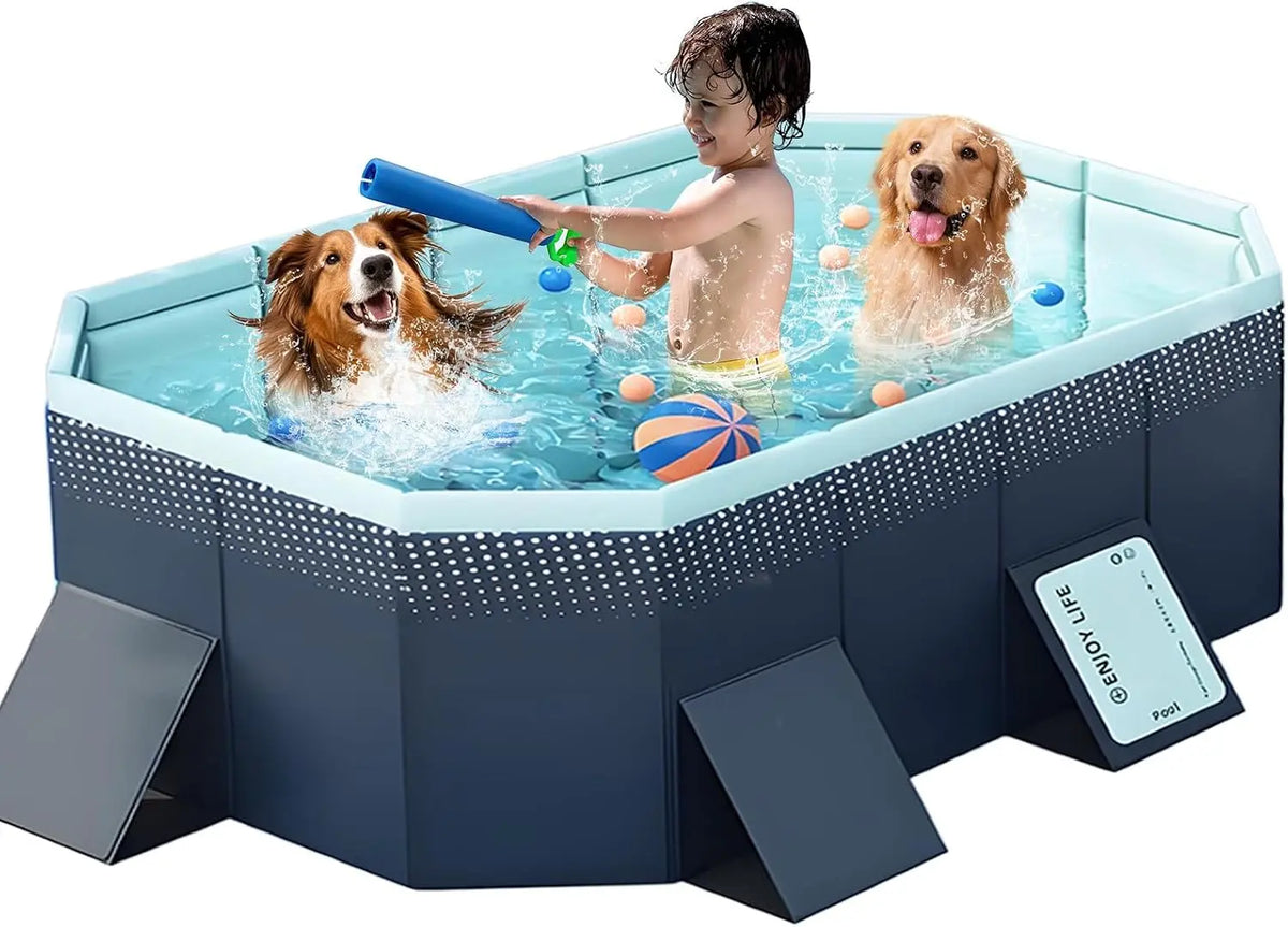 Large Foldable Swimming Kiddie Pool 83x 55x 22 Inch - Hard Plastic Square Pool for Kids & Dogs, Reinforced Sidewalls for Backyard Use, Blue, 83 Inch