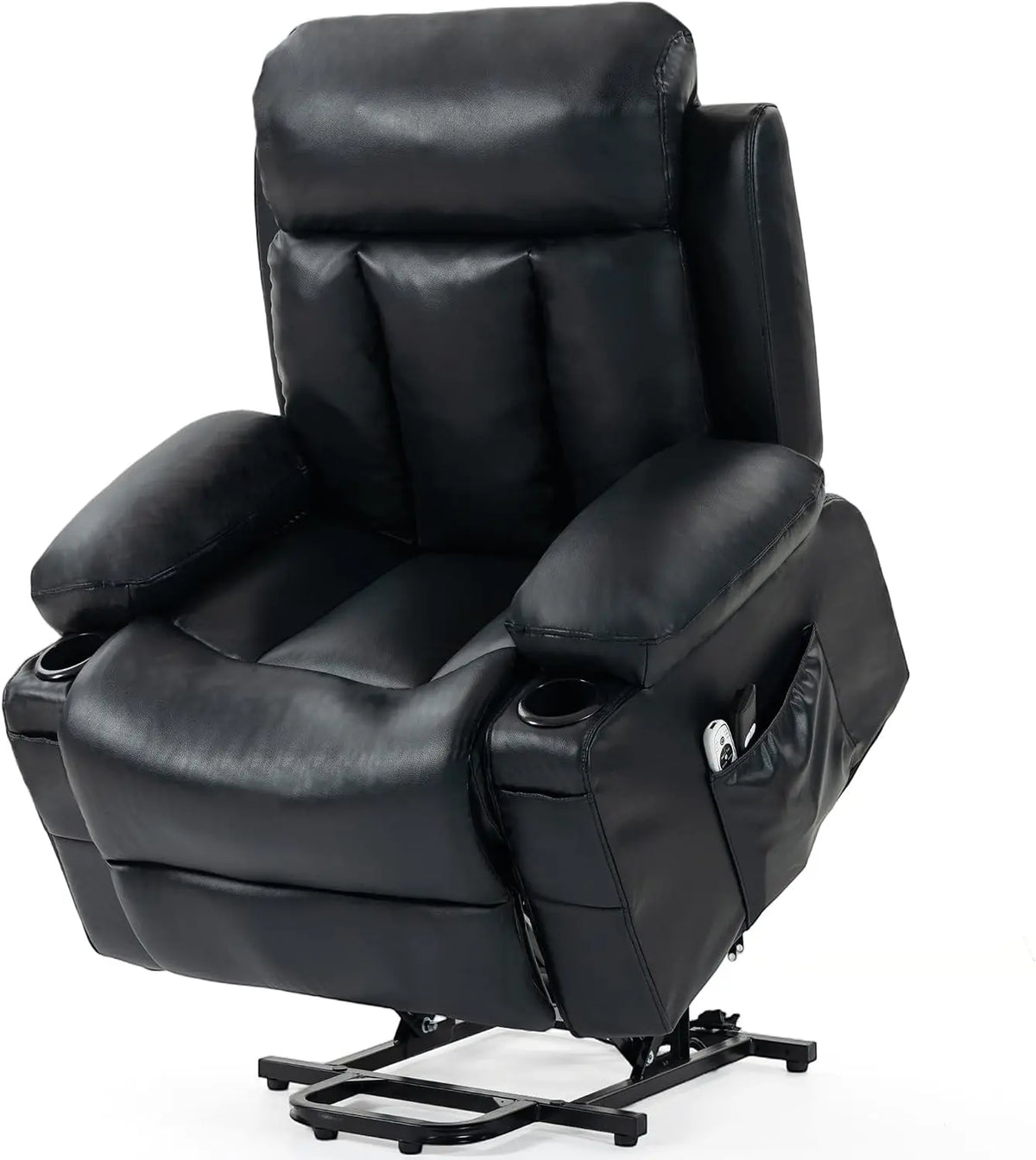 Black Power Lift Recliner Chair for Elderly - Electric Single Sofa - With Vibration Massage & Heat, USB Port, Cup Holder, Faux Leather for Living Room
