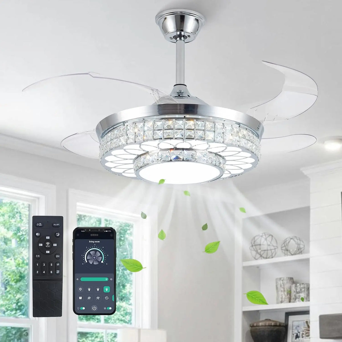 42 Inch Retractable Ceiling Fans with Lights - Crystal Chandelier Ceiling Fan with Remote & APP Control, Modern Dimmable LED Fandelier for Living Room