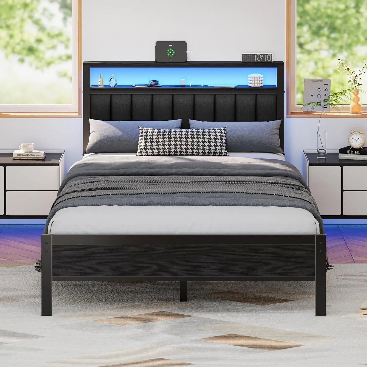 Furnulem Full Size Bed Frame - With Charging Station and LED Lights