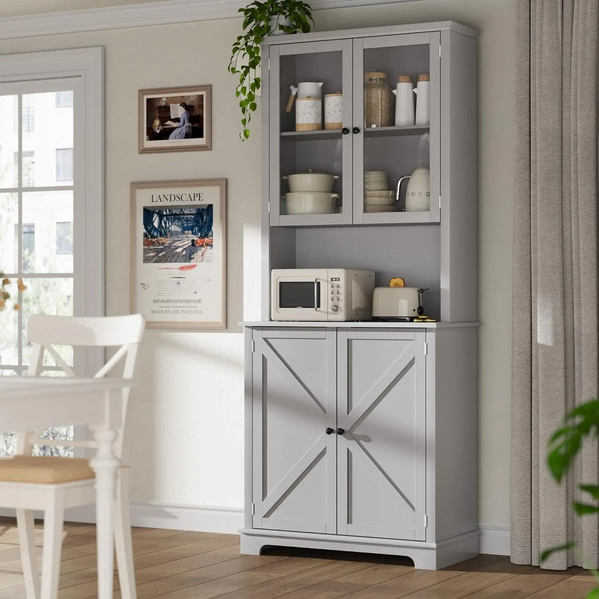 72 Inch Tall Gray Kitchen Hutch Cabinet with Glass Doors - 41 Inch Wide Freestanding Storage Cabinet with Charging Station & LED Lights