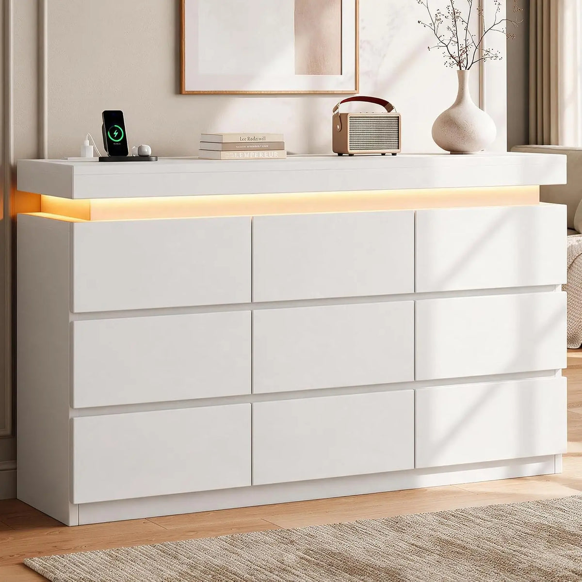 9 Drawer Dresser with LED Lights and Charging Station - Modern White Dresser