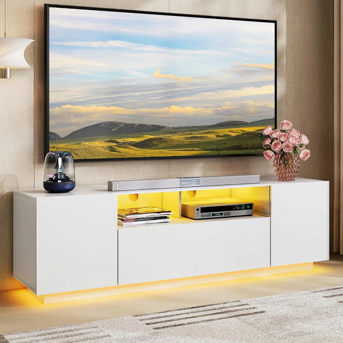 WLIVE LED TV Stand for 55/60/65 Inch TVs - Modern Entertainment Center with Storage Cabinets and Drawer, White