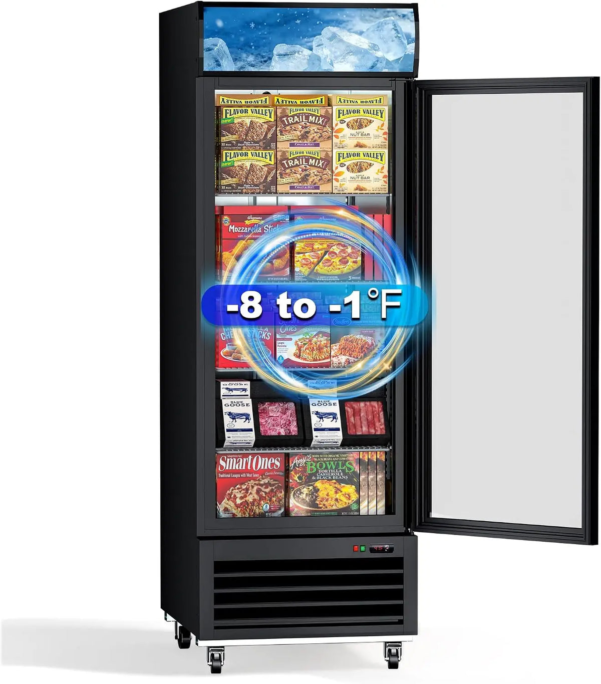 27 Inch Single Door Commercial Display Freezer - 23 Cu. Ft. Capacity with Digital Temperature Control, Auto Defrost, Top Sign Panel, LED Lighting