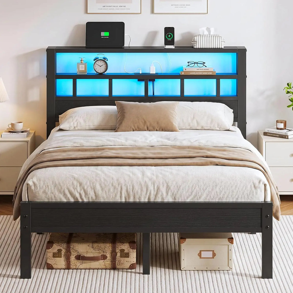 Full Size Bed Frame - With Charging Station and LED