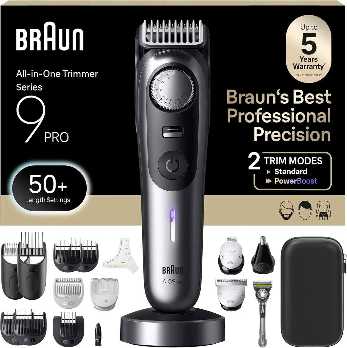 Braun All-in-One Series 9 PRO Men's Electric Beard Trimmer - Hair Clipper, Shaver & Razor for Face, Hair & Body, AIO 9570 with Gillette Labs Razor