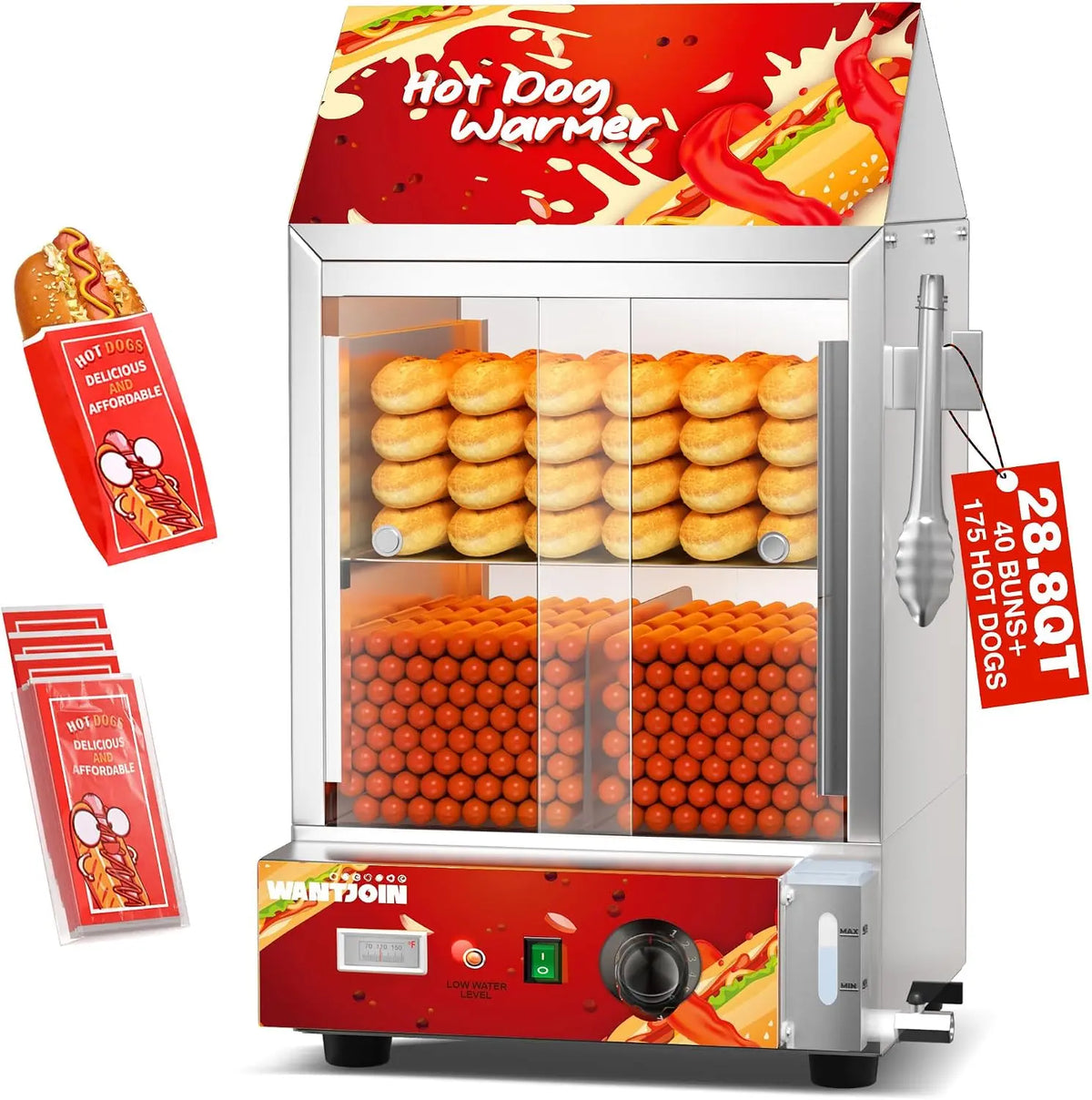 WantJoin Hot Dog Steamer - 28.8QT Commercial Electric Hot Dog Steamer with Bun Warmer