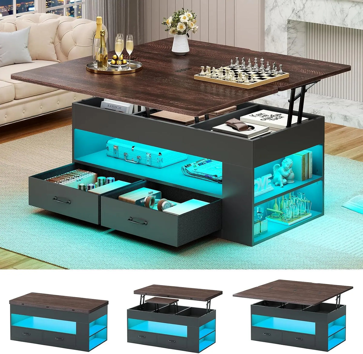 Itaar Lift Top Coffee Table - 4 in 1 Coffee Tables with Storage and Hidden Compartment, Black