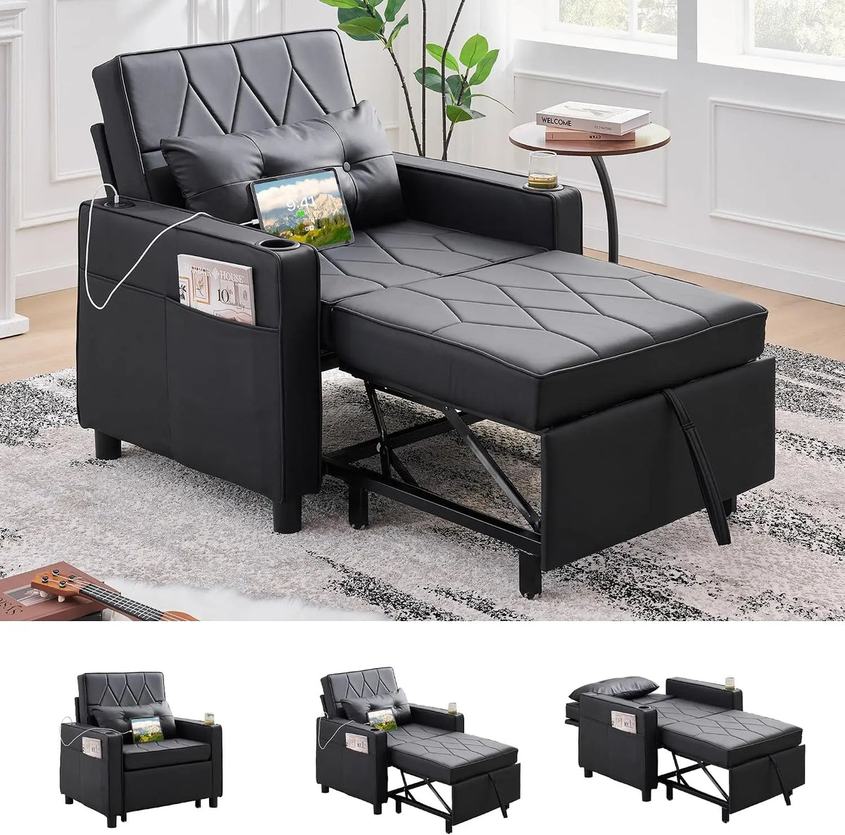Faux Leather Convertible Sleeper Chair Bed - Single Pull Out Sofa, Black
