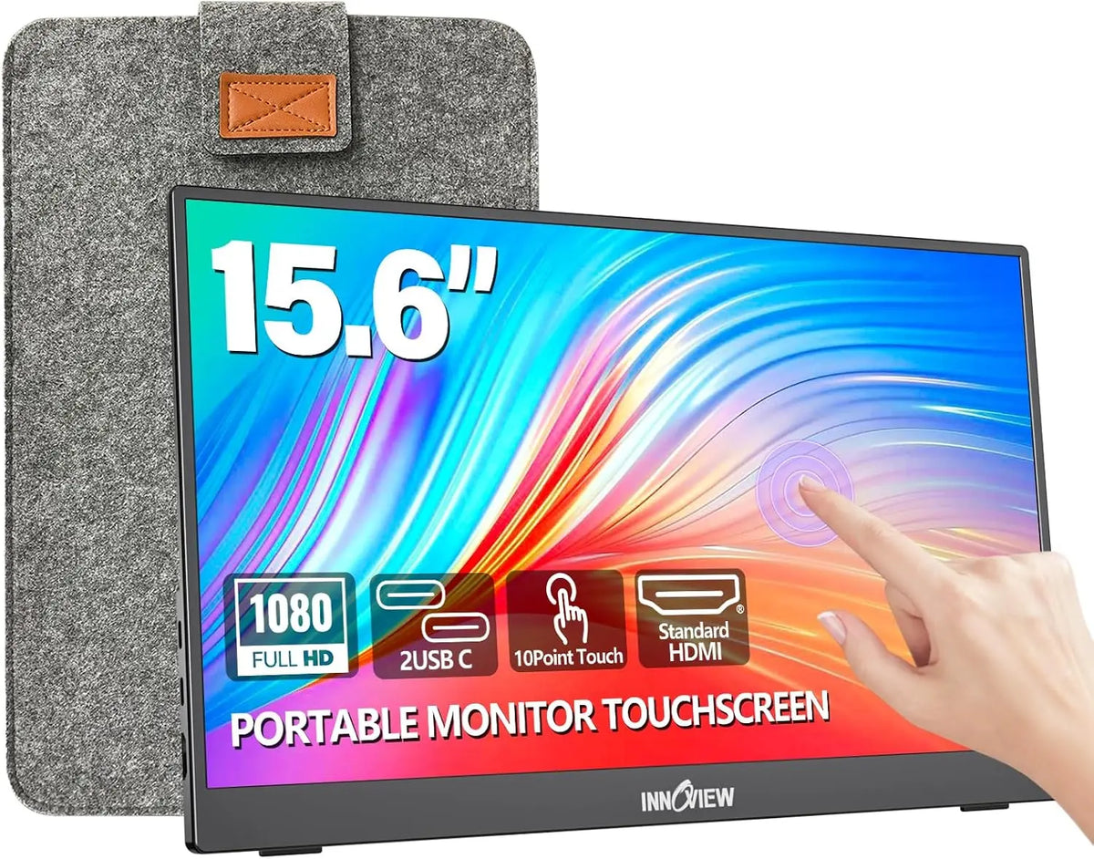 InnoView 15.6 Inch Portable Monitor 60Hz Touchscreen 1080P 10-Point Touch Screen Monitor Portable - Protective Sleeve Built-in Stand, Pieces, Phone