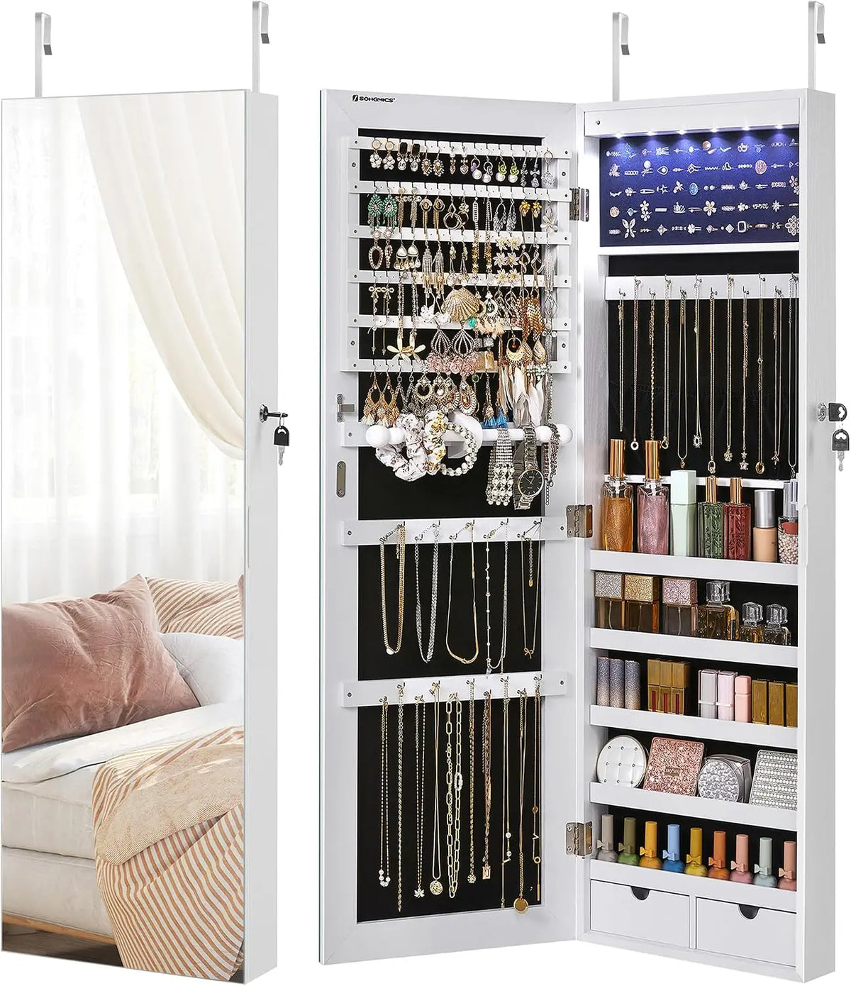 SONGMICS Mirror Jewelry Cabinet Armoire - Wall or Door Mounted, Lockable
