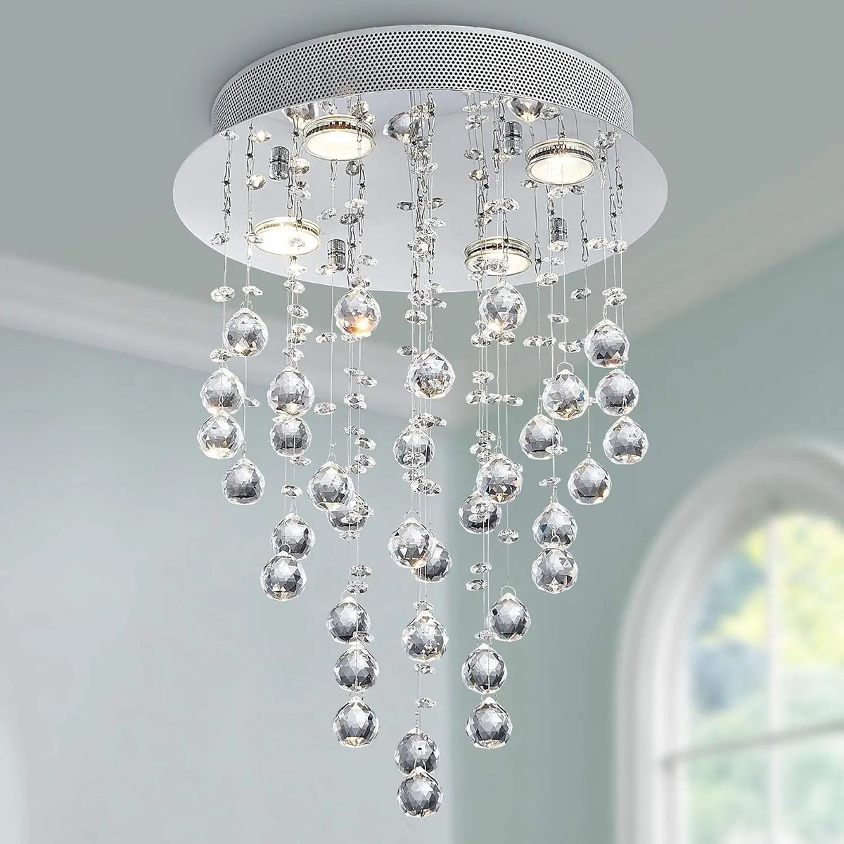 Bestier Modern Crystal Round Raindrop Chandelier Lighting Flush Mount LED Ceiling Light Fixture Pendant Lamp for Dining Room Bathroom Bedroom