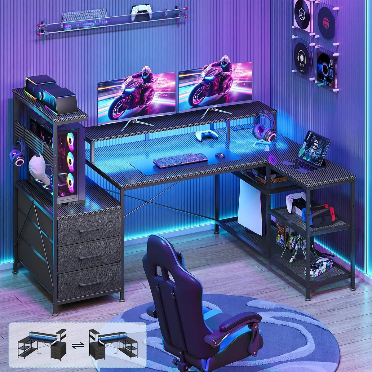L Shaped Gaming Desk with Drawers & Storage Shelves for Game - Home Office