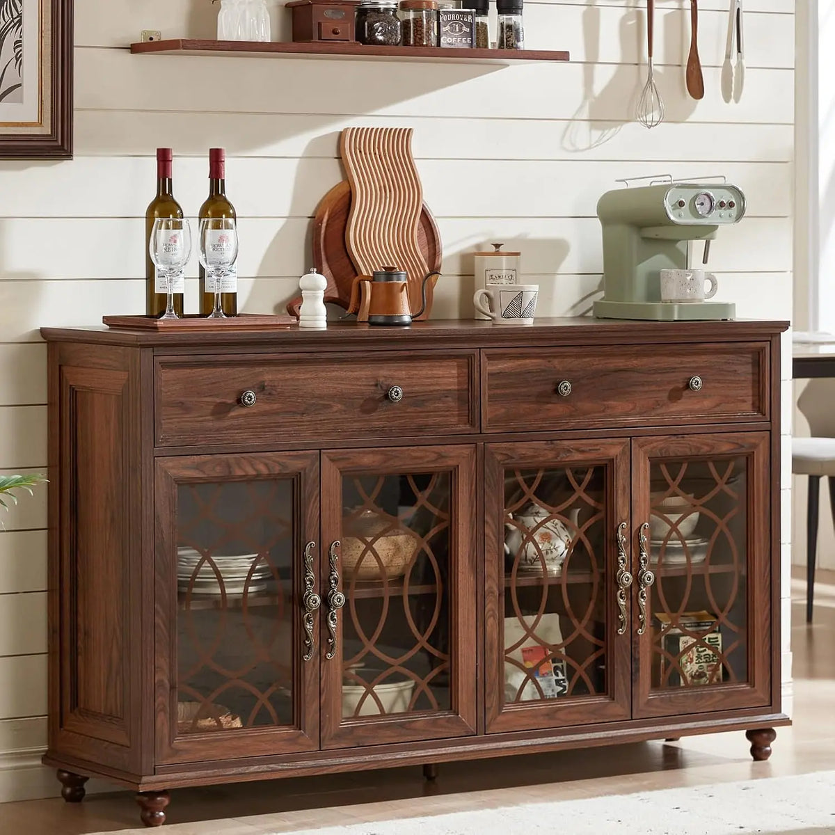 Joaxswe Farmhouse Sideboard Buffet Cabinet with Storage - 59 Inch Large Credenza with 4 Glass Doors & 2 Drawers, Adjustable Shelves Console Table