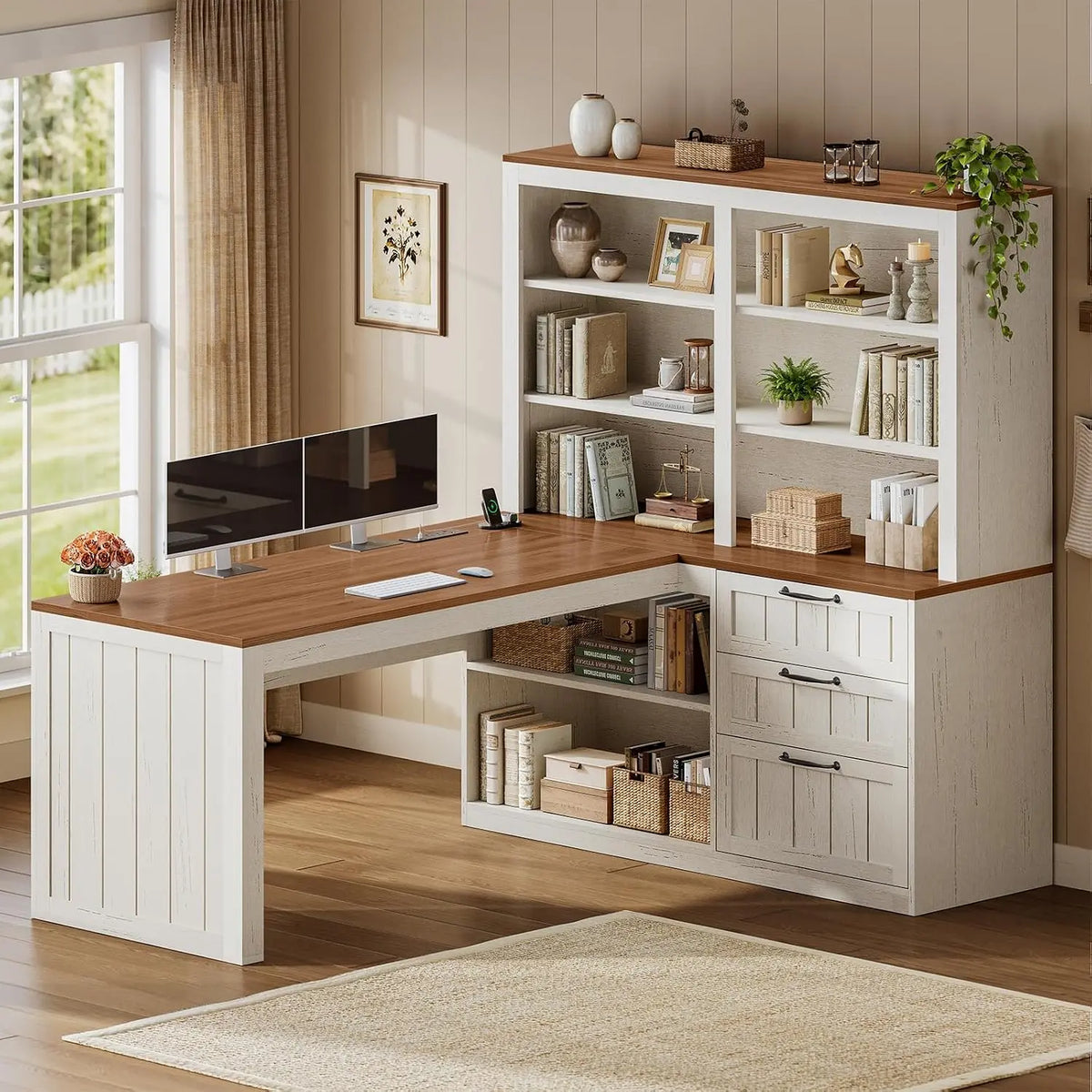 SEDETA Farmhouse L Shaped Computer Desk - 59'' Wood Office Desk with 3 Drawers and 5-Tier Bookshelf, Vintage White + Brown
