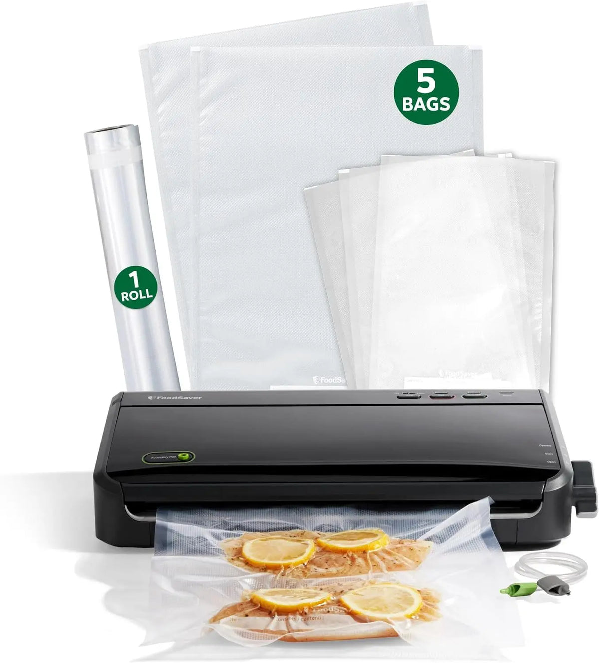 FoodSaver FM2100 Vacuum Sealer Machine - One-Touch Sealing, Roll Storage & Cutter, Dry & Moist Food, For Sous Vide Cooking, Accessory Port & Hose