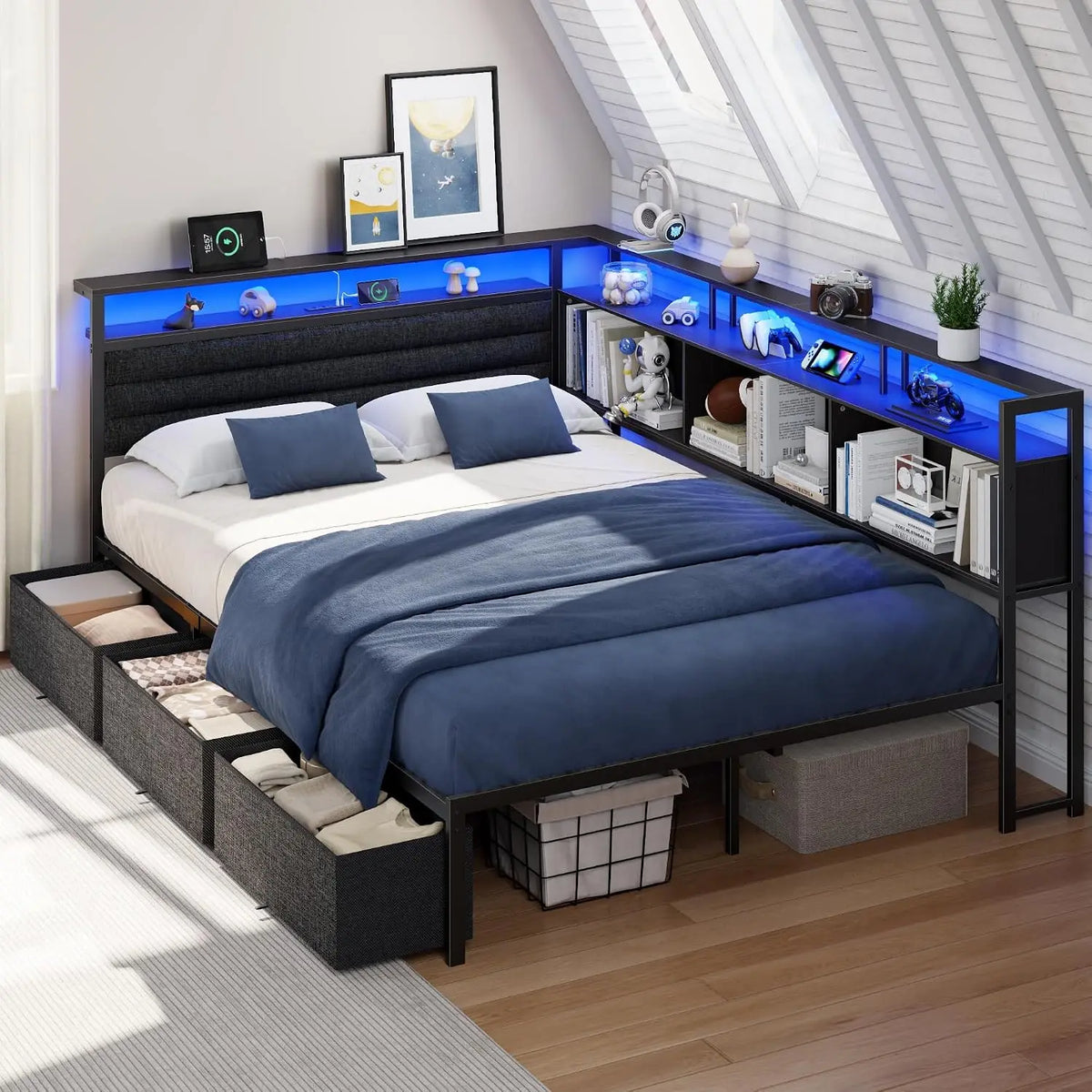 OURPIC Full Corner Bed Frame with 3 Storage Drawers - LED Lights & Charging