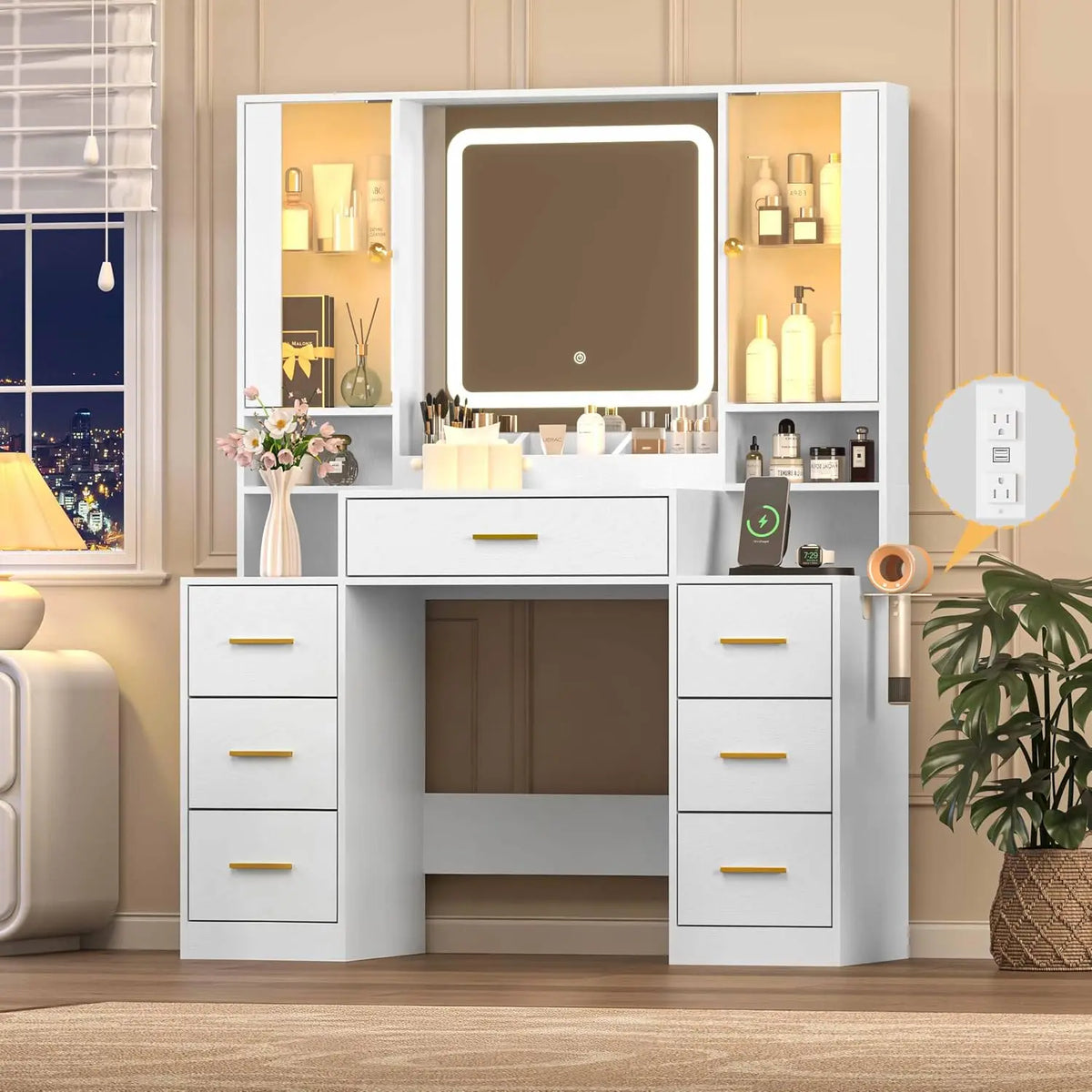 Wodeer White Makeup Vanity Desk with Mirror & Lights - Modern Vanity Table with Charging Station, 7 Drawers, Glass Cabinet, Adjustable Shelves