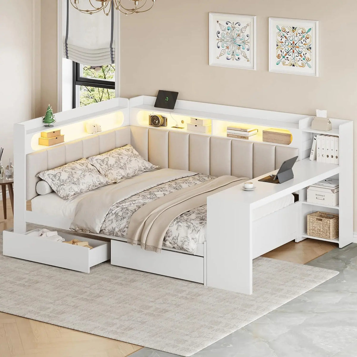 SOFTSEA Full Size Daybed with Storage Drawers & Bookcase - Wood Daybed with Desk, LED Lights, USB Ports, White