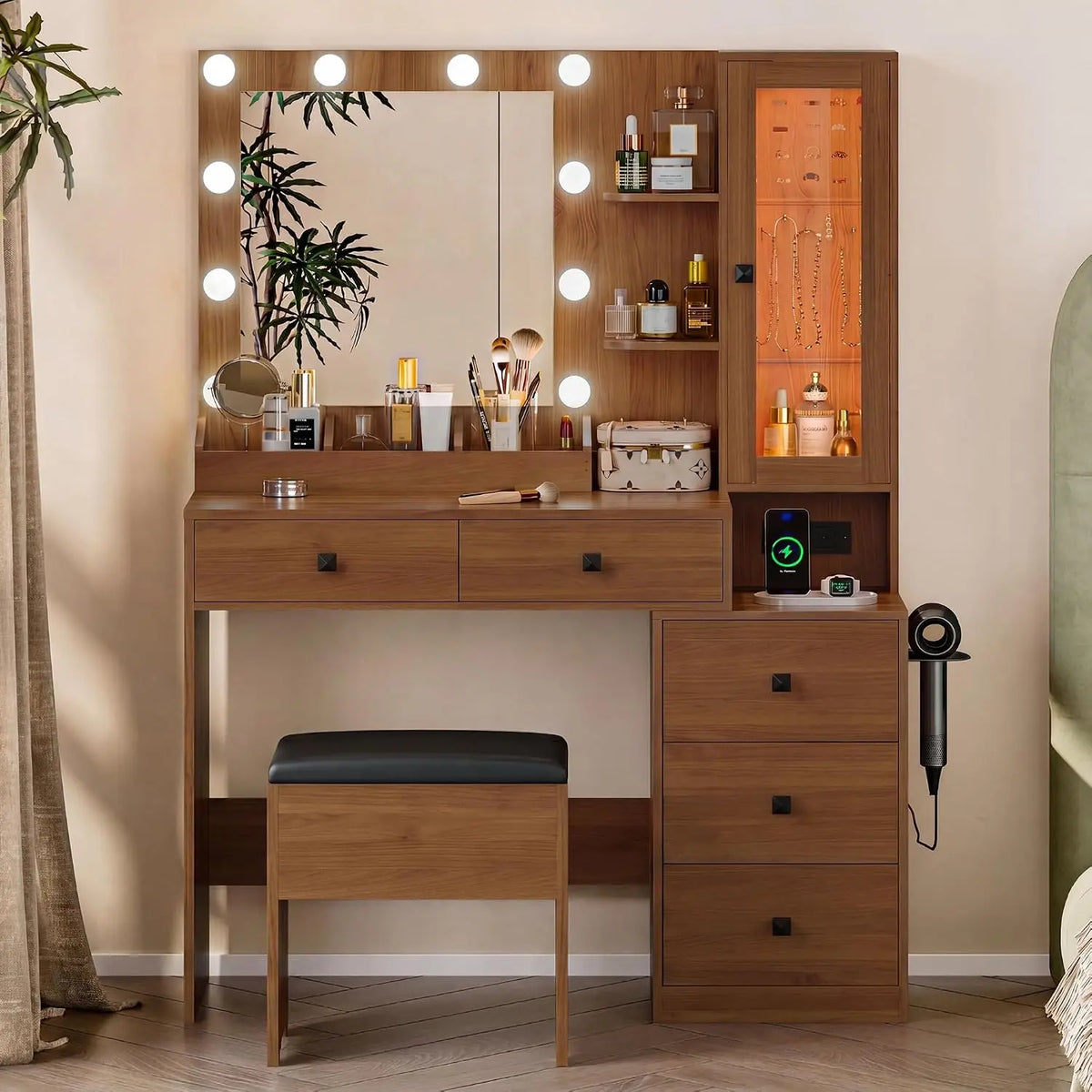 Vanity Desk with Mirror and Lights - Walnut Makeup Vanity with 5 Drawers Hidden Jewelry Organizer& LED Glass Cabinet