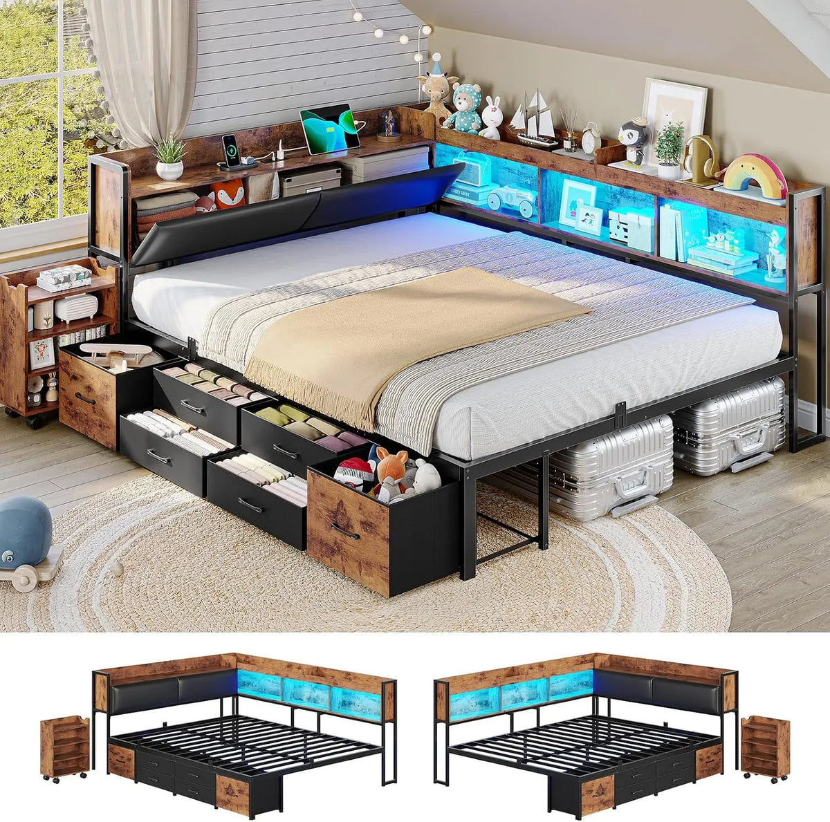 MSmask 14 Inch Corner Bed Frame with Pull-Out Cabinet - Bookcase & Headboad Storage, Full LED Daybed with 6 Drawers, Charging Station