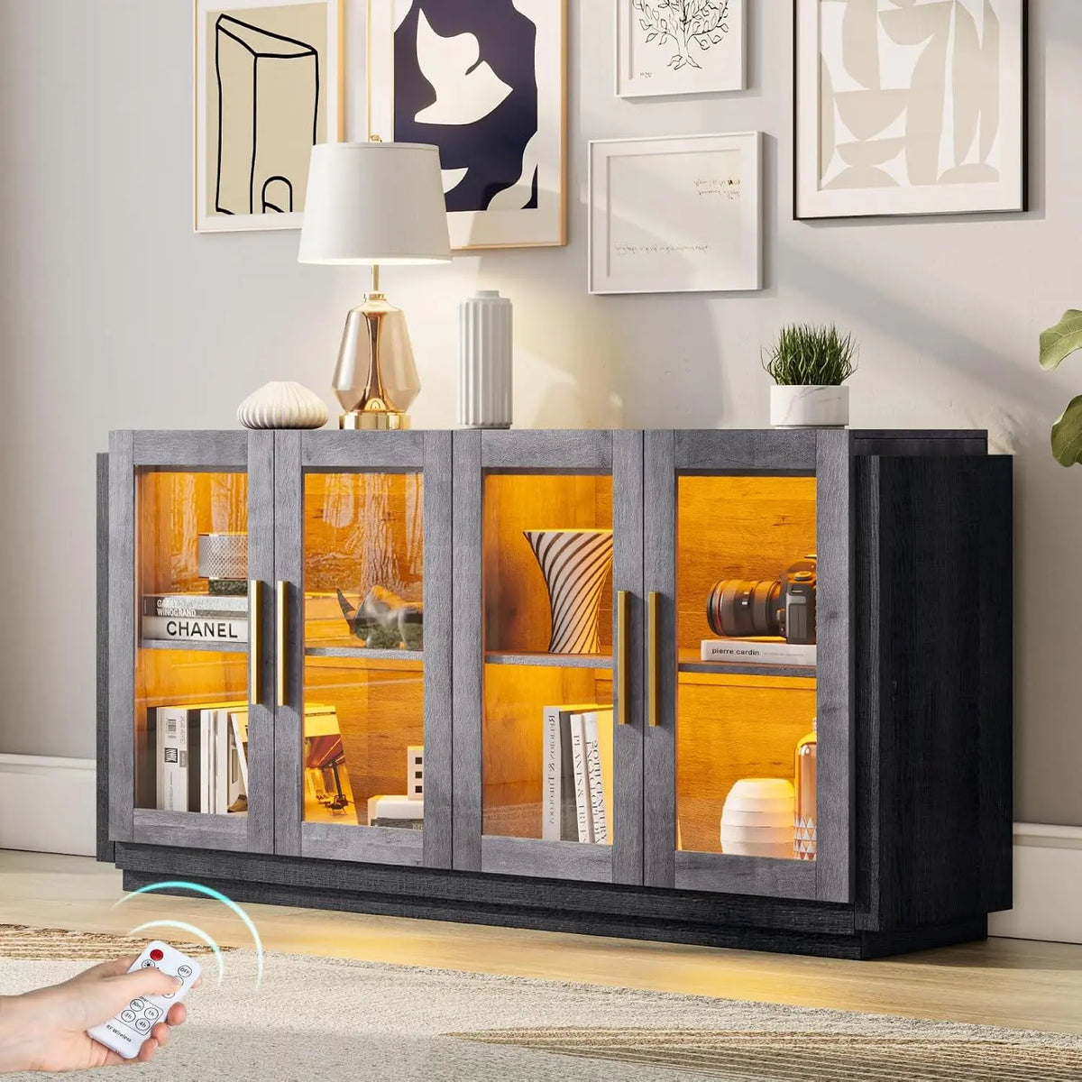 AMERLIFE Modern Sideboard Buffet Cabinet with Storage & Glass Doors - Gray