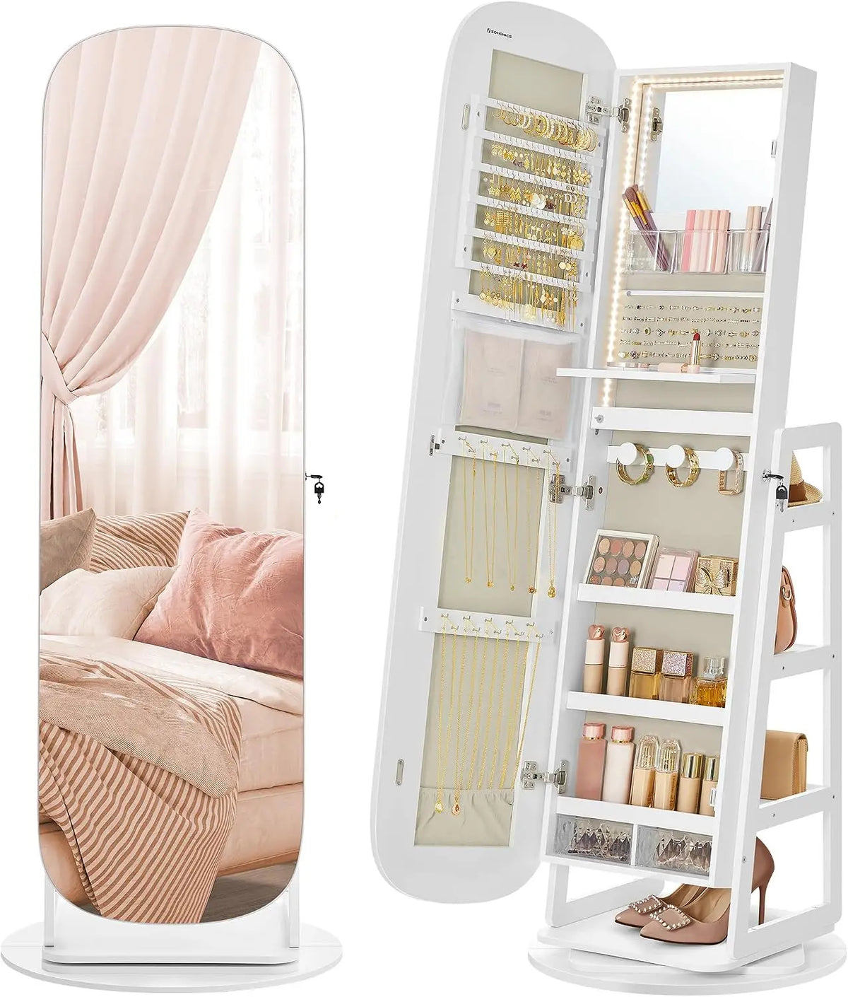 SONGMICS LED Jewelry Cabinet - 360° Swivel, Lockable, Full-Length Mirror