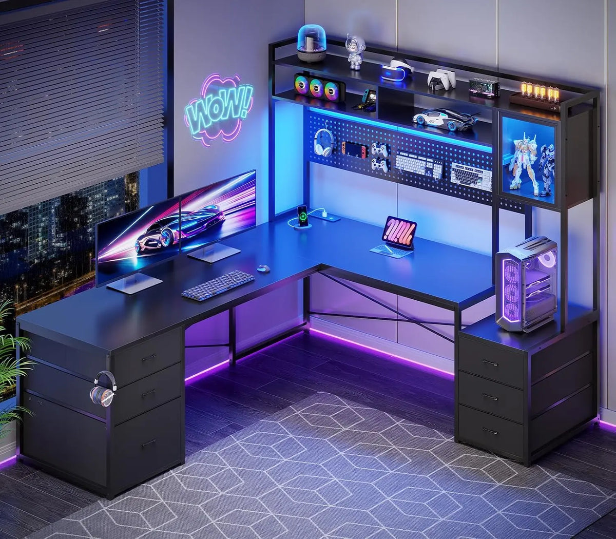 SEDETA Reversible L Shaped Gaming Desk with 6 Drawers - Hutch, Led Lights