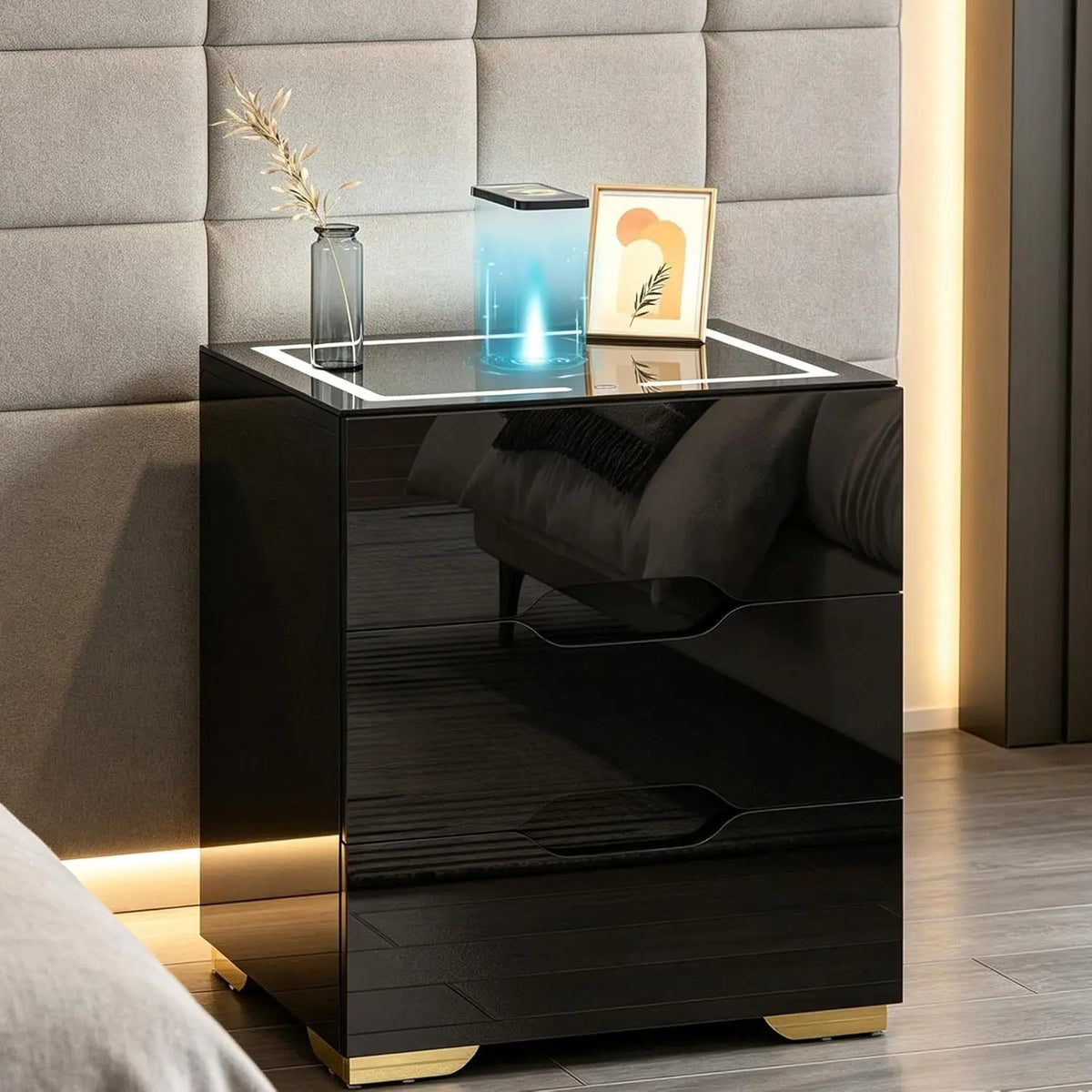 kepptory 3 Drawer Nightstand with Charging Station - Smart Bedside Table with Wireless Charging & LED Lights, High Gloss End Table with USB Ports