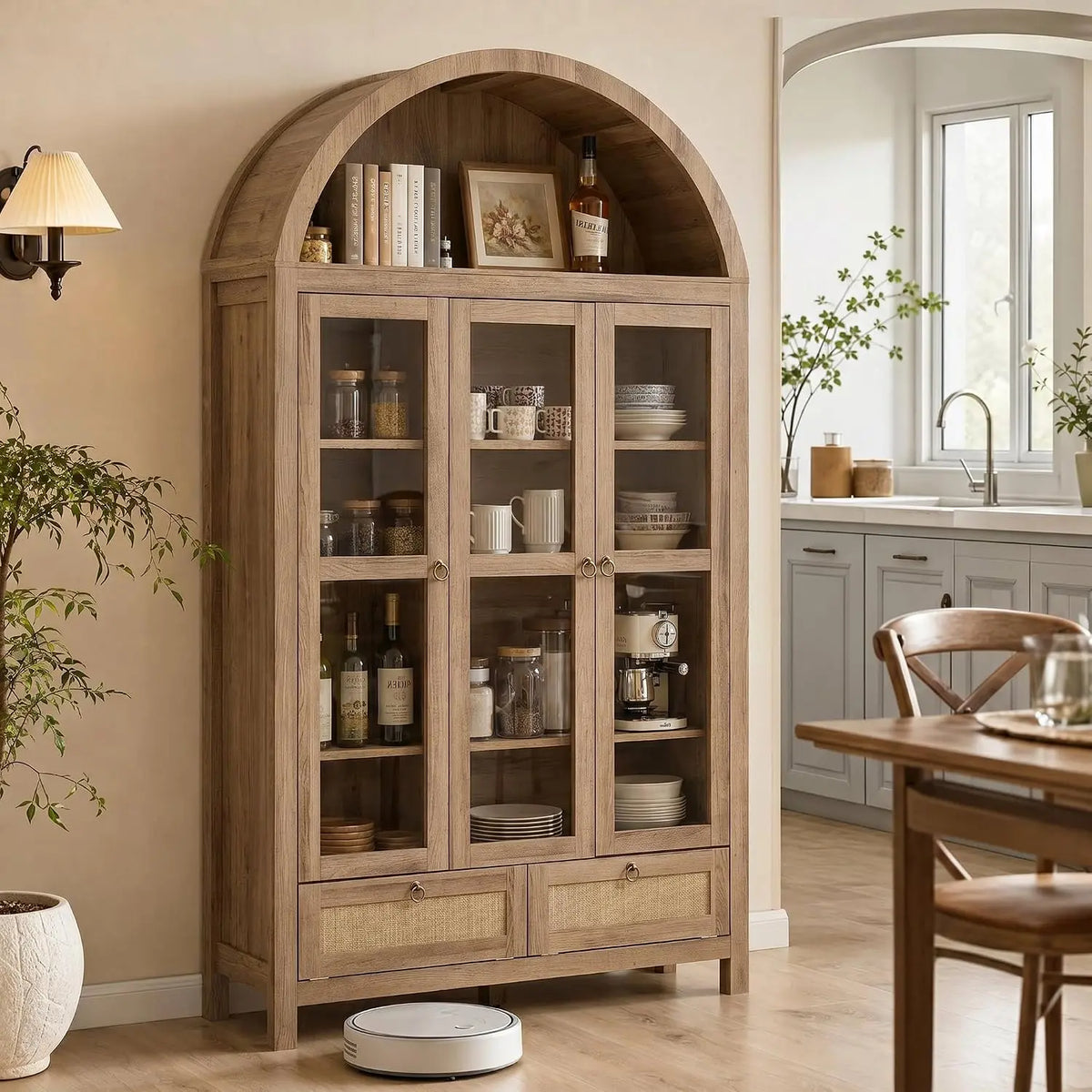 TYBOATLE 75'' Arched Cabinet Classic Farmhouse Design w/Three Glass Doors - Arch Cabinet w/Rattan Drawers and Anti-Tipping Device, Bathroom, Natural
