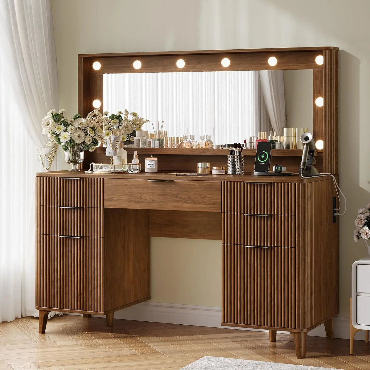 Fluted Makeup Vanity Desk with Large 39.3 Inch Mirror and Lights - 48.8 Inch Wood Vanity, Large Vanity Dressing Table, Bedroom or Dorm, Walnut