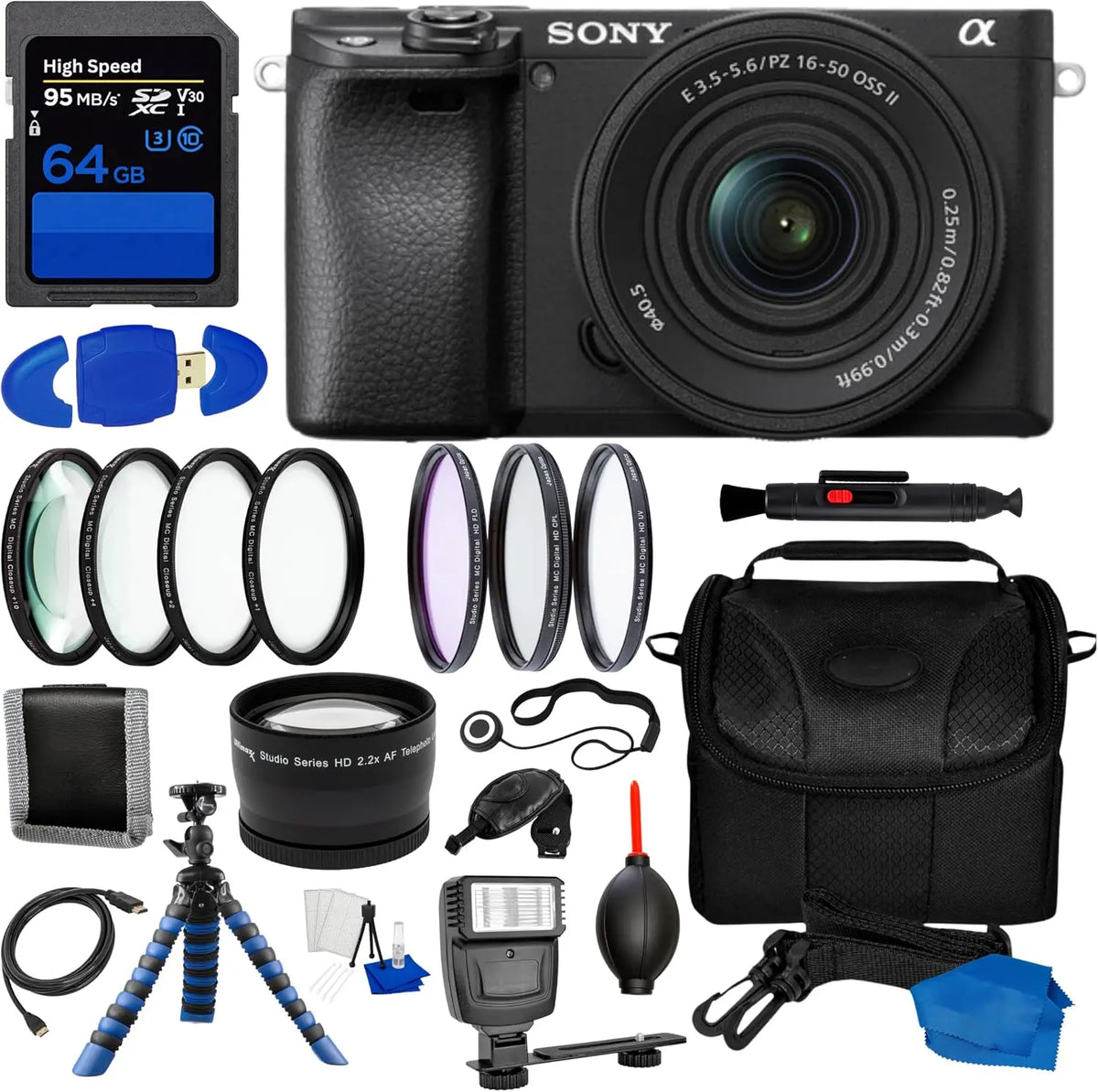 Alpha a6400 Mirrorless Camera with 16-50mm Lens II + 17PC Accessory Bundle - 24.2MP APS-C, 4K Video, Flip Screen, Tripod, 64GB Card, Flash, Renewed