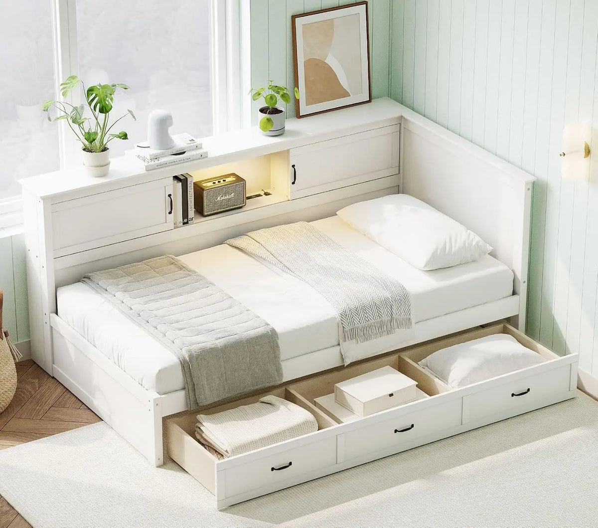 Merax Twin Size Corner Bed Frames with Storage Drawers - USB Port & Led Downlight Headboard, Wooden L-Shaped Captain Daybed for Small Room, Bedroom
