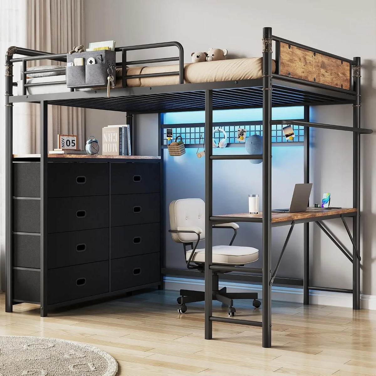 Twin Loft Bed with Desk and 8 Storage Drawers - Metal Loft Bed Twin Size with LED Lights & Charging Station, Bed Frame with Hanging Rod, Rustic Brown