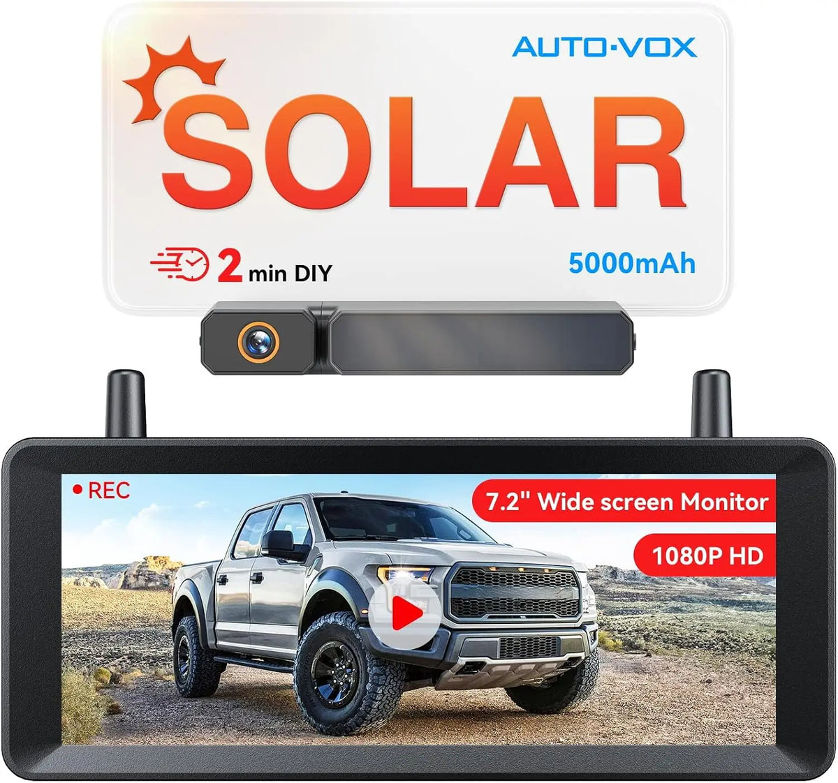 AUTO-VOX 7.2 Inch DVR Portable Solar Wireless Backup Camera - HD 1080P Clearity