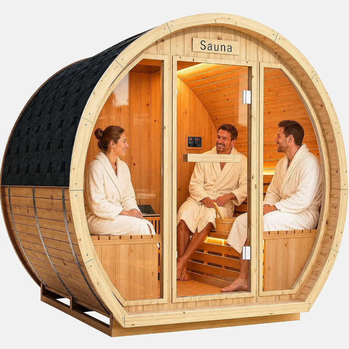 Sauna Room - Steam Sauna 4-6 Person Traditional Outdoor Barrel Sauna Finnish Carbonized Spruce with Electric Sauna Heater, Sauna Stones, LED Lights
