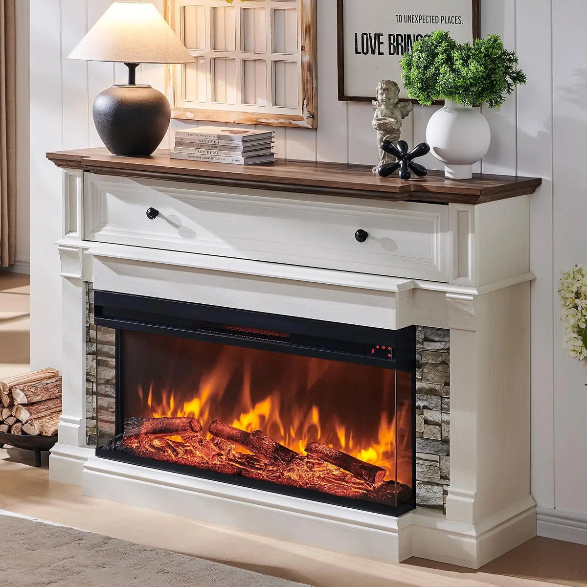 OKD 52 Inch Electric Fireplace with Mantel - Fireplace TV Stand, Antique White