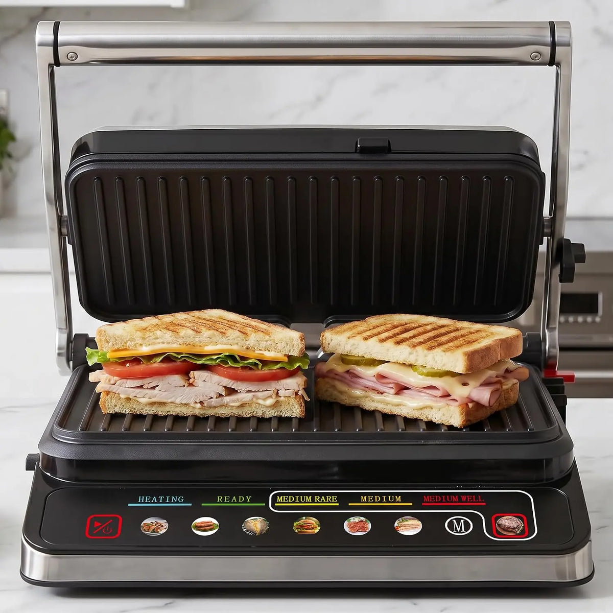 1600W Electric Indoor Grill Panini Press - With 8 Preset Menu