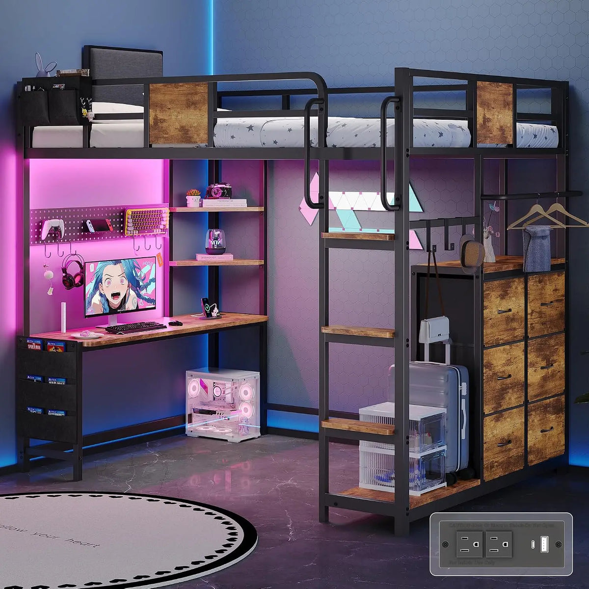 Dnxao Twin Loft Bed with Desk and 6 Storage Drawers for Teens - Rustic Brown