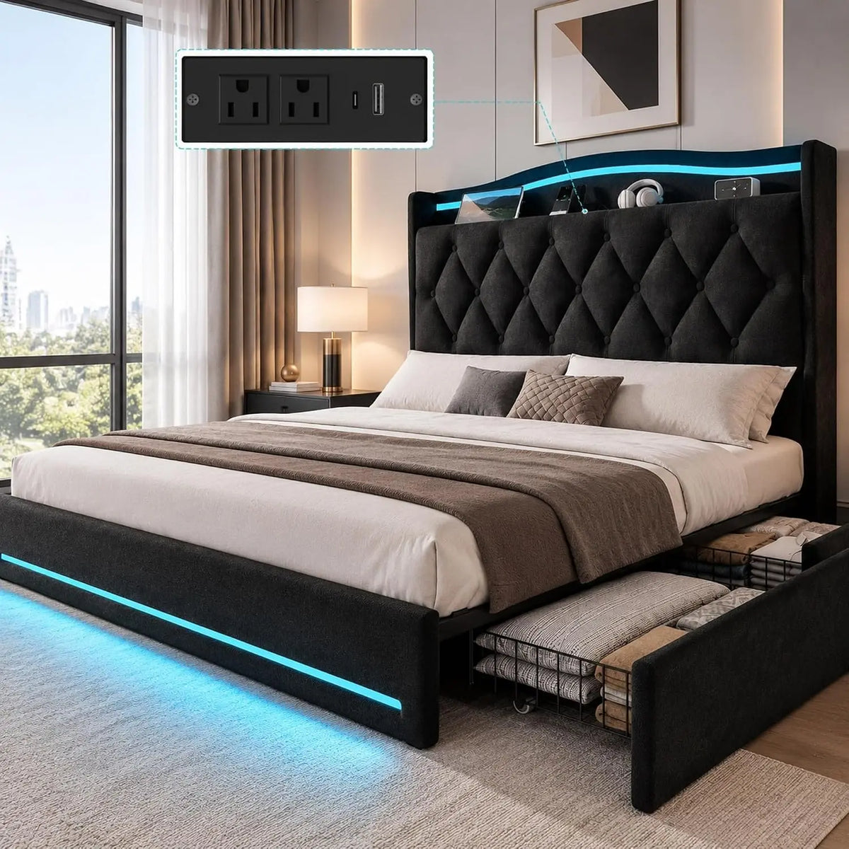 YITAHOME Queen Bed Frame - With 4 Storage Drawers & RGB LED Lights