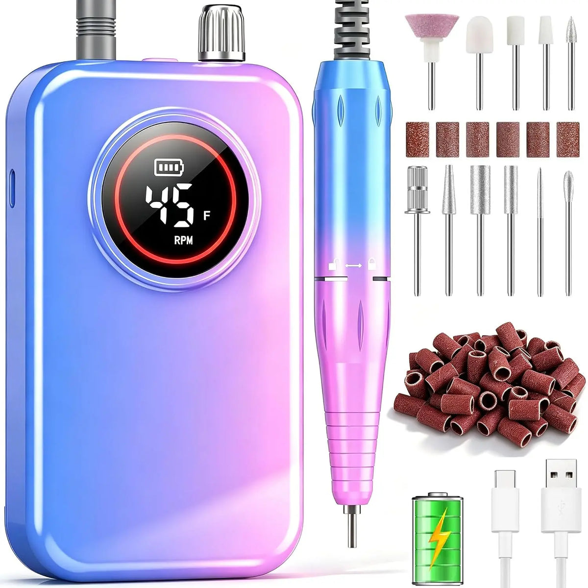 Nail Drill Professional - 45000 RPM Rechargeable Electric Nail File Kit for Acrylic & Gel Nails, Portable Manicure Pedicure Tool for DIY Home or Salon