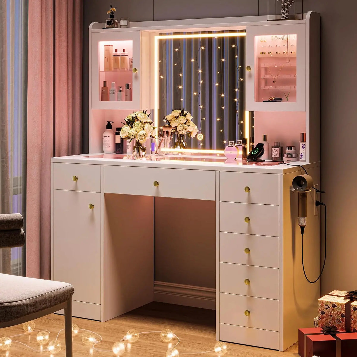 Einhomn Makeup Vanity Desk with Mirror & LED Lights - Large Glass Top Vanity Table with 7 Drawers & 3 Cabinets, White