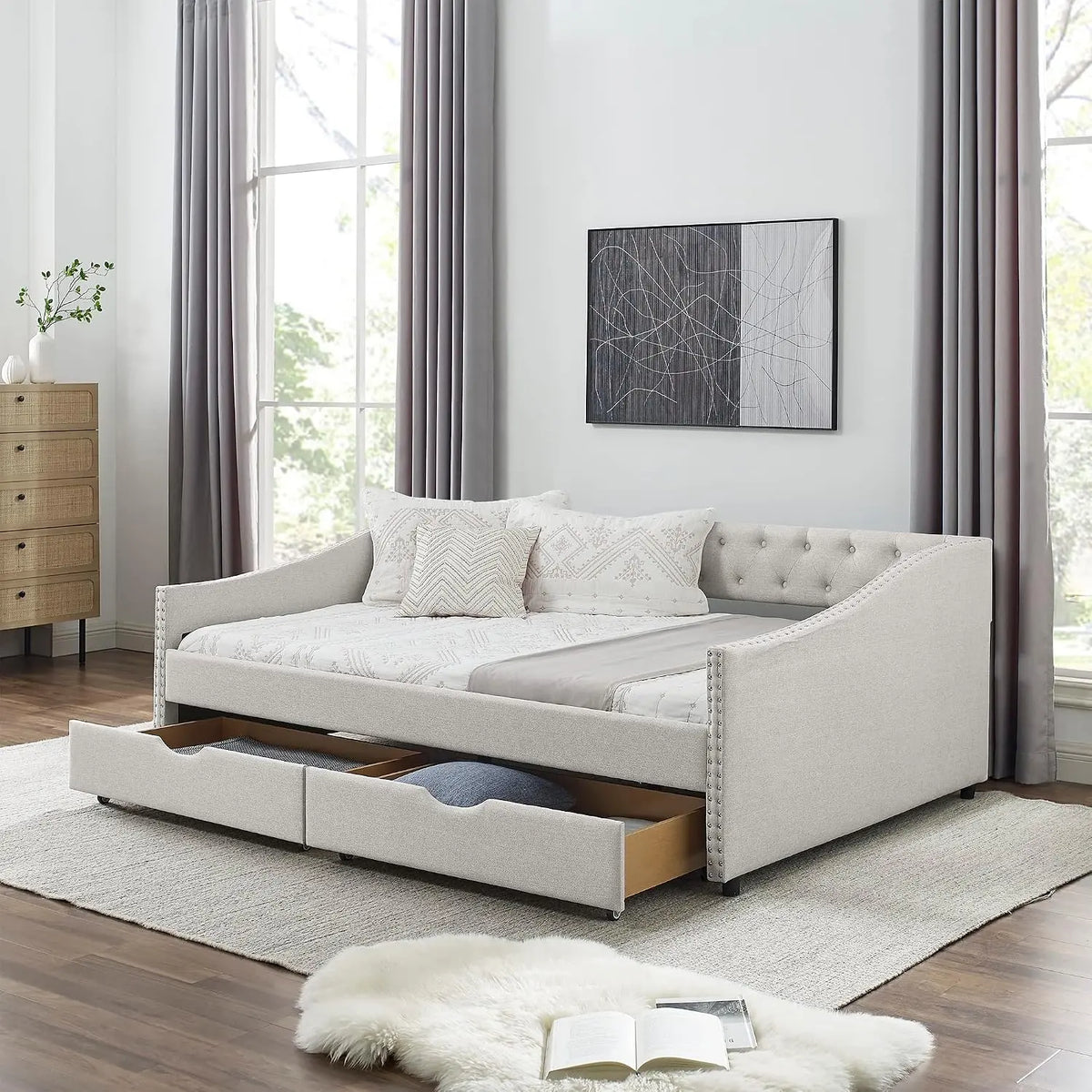 KEIKI Full Size Upholstery Daybed with 2 Drawers and Headboard - Mid-Century Style Tufted Sofa Bed with Button on Back, Easy Assembly, Beige