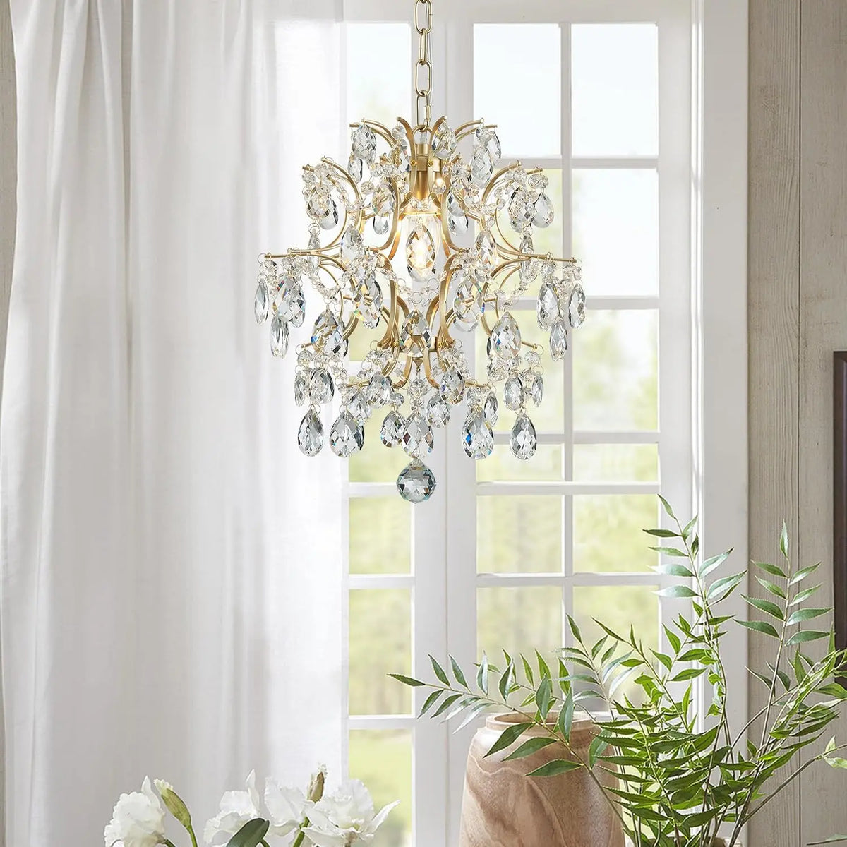 Bestier Gold Modern Pendant Chandelier Crystal Raindrop Lighting Ceiling Light Fixture Lamp for Dining Room Bathroom Bedroom Livingroom entryway 1 E26