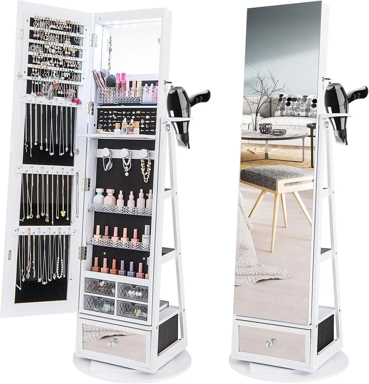 CHARMAID Swivel Jewelry Armoire - Full Length Mirror, Large Bottom Drawer